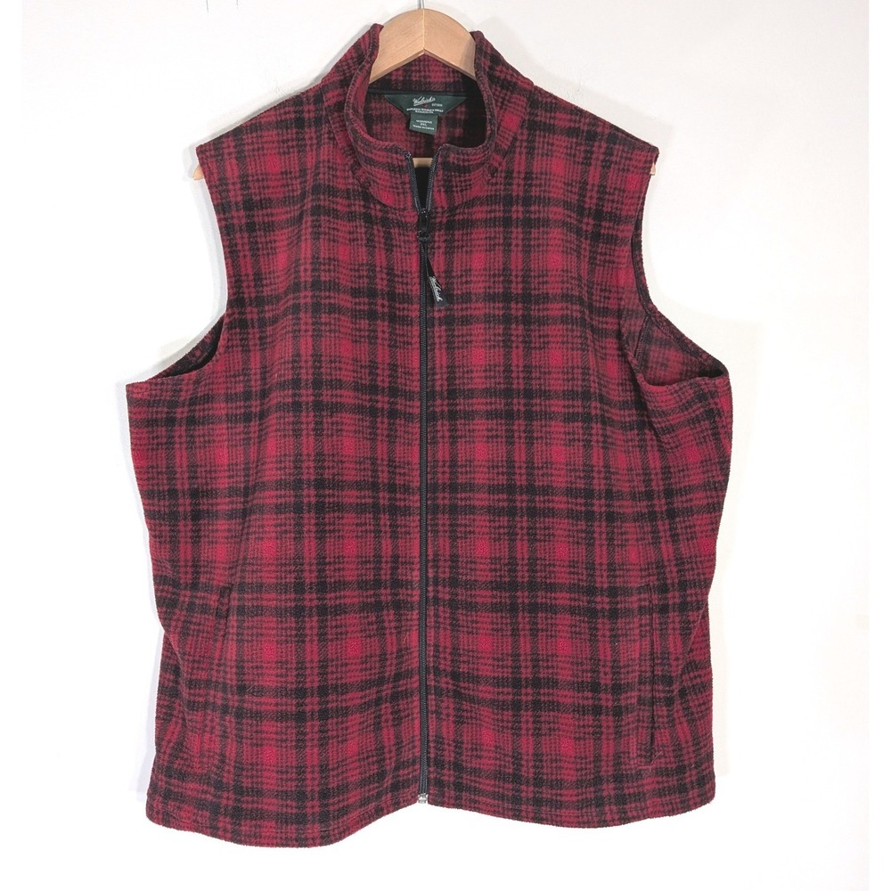 Woolrich Red Plaid Fleece Vest; Full Zip Mock Neck Sleeveless Jacket 2XL